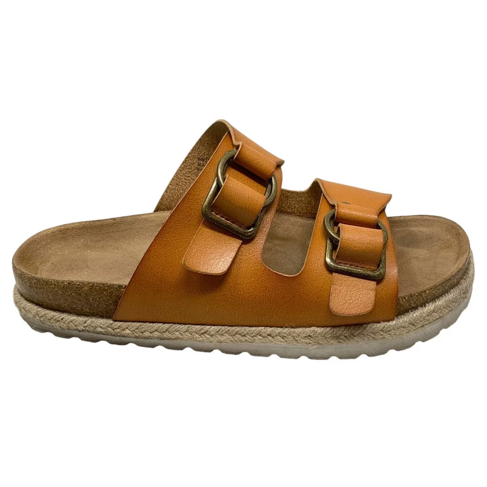 Time & Tru Sz 11 Brown Vegan Leather Chunky Lug Sole Buckle Slide Sandals